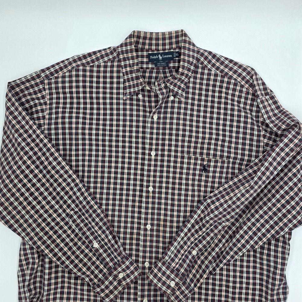 Ralph Lauren Big Shirt Mens XL Plaid Button Down Navy Red Cream 100% Cotton